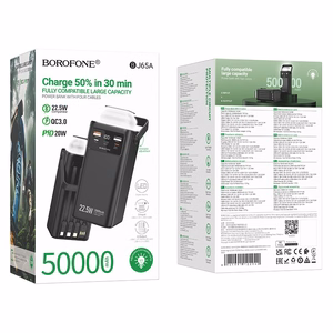 Borofone Portatīvais lādētājs 50000mAh BJ65A High - 2xUSB + Type C - QC 3.0 22,5W + PD 20W ar USB, Type C, Lightning un micro USB melna