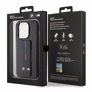 BMW ar statīvu gluds un oglekļa viedtālruņa apvalks iPhone 15 Pro - melns
