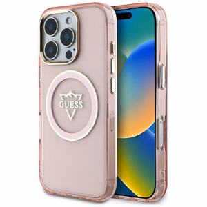 Guess IML Metal Mountain Logo Magnētiskais iPhone 16 Pro Max viedtālruņa apvalks - rozā
