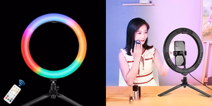 LED gredzena lampa 26cm ar statīvu 8.3cm, telefona turētājs, USB