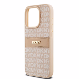 DKNY Ādas mono svītra un metāla logotips viedtālruņa apvalks iPhone 15 Pro - rozā