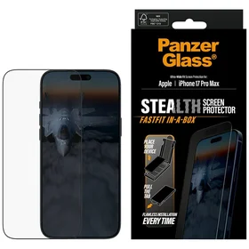 PanzerGlass Stealth īpaši plats Fastfit rūdītais aizsargstikls iPhone 17 Pro Max viedtālrunim