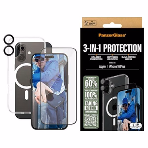PanzerGlass 3in1 komplekts iPhone 16 Plus 6.7 D3O ciets apvalks + Ekrāna aizsargs UWF+ Objektīva aizsardzība B1293+2863+1283