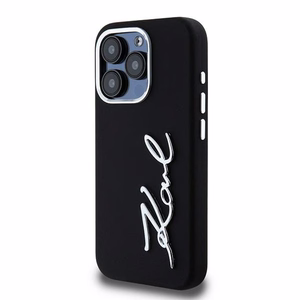 Karl Lagerfeld Silikona Metal Script Logo viedtālruņa apvalks iPhone 15 Pro - melns