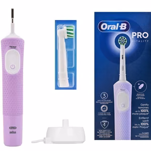 Oral-B Vitality Pro – uzlādējama elektriskā zobu birste, 1 uzgalis, 3 tīrīšanas režīmi, ceriņu