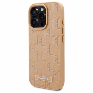 Karl Lagerfeld ādas monogrammas metāla logotipa magnētiskais viedtālruņa apvalks iPhone 16 Pro - bēšs