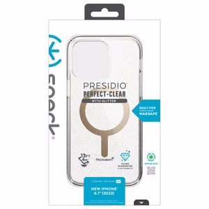 Speck Presidio Perfect-Clear with Glitter + MagSafe vāciņš ierīcei iPhone 15 Plus / 14 Plus, ar Microban pretmikrobu aizsardzību, “Clear / Gold Glitter” krāsu kombinācija