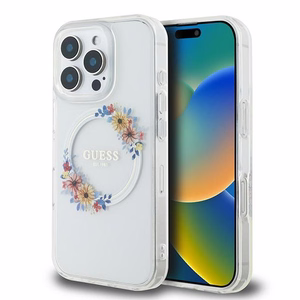 Guess IML Ziedu vainaga Magnētiskais viedtālruņa apvalks iPhone 16 Pro - skaidrs