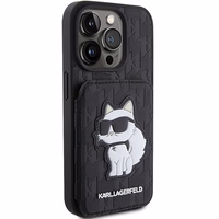 Karl Lagerfeld Saffiano Cardslots and Stand Monogram Choupette Viedtālruņa apvalks iPhone 15 Pro Max - melns