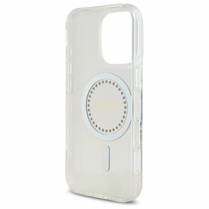 Guess IML Rhinestones magnētiskais viedtālruņa apvalks iPhone 16 Pro - balts