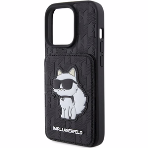Karl Lagerfeld Saffiano Cardslots and Stand Monogram Choupette Viedtālruņa apvalks iPhone 15 Pro Max - melns
