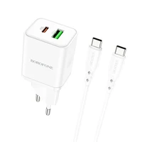 Borofone Sienas lādētājs BN7 - USB + Type C - QC 3.0 PD 20W ar Type C uz Type C kabeli balts
