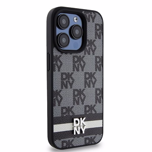 DKNY Ādas rūtainais mono raksts un drukātās svītras viedtālruņa apvalks iPhone 15 Pro - melns