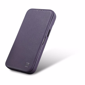 iCarer CE Premium ādas folio viedtālruņa apvalks iPhone 14 Plus magnētiskais atveramais ādas folio apvalks MagSafe tumši violeta
