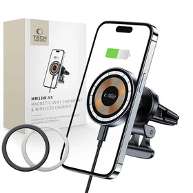 Tech-Protect MM15W-V5 automašīnas tālruņa turētājs ar MagSafe 15W indukcijas lādētāju, stiprināms pie gaisa ventilācijas - melns