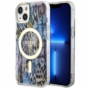 Guess Leopard Magnētiskais viedtālruņa apvalks iPhone 14 - zila