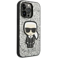 Karl Lagerfeld KLHCP14LGFKPG iPhone 14 Pro 6.1 cietais viedtālruņa apvalks sudraba mirdzošas pārslas Ikonik