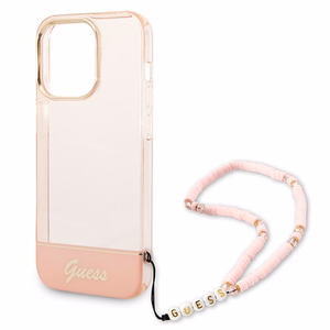 Guess GUHCP14XHGCOHP iPhone 14 Pro Max 6.7" rozā/rozā cietais apvalks Translucent Pearl Strap