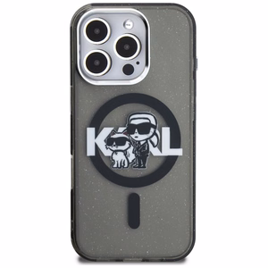 Karl Lagerfeld IML Glitter Karl & Choupette Sketch Logo MagSafe maciņš iPhone 16 Pro Max - melns