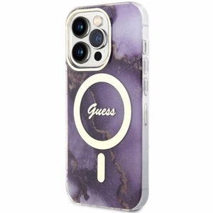 Guess GUHMP14LHTMRSU iPhone 14 Pro 6.1" violets/violets cietais apvalks Zelta Marmors MagSafe