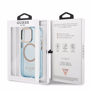 Guess Gold Outline caurspīdīgs Magnētiskais MagSafe viedtālruņa apvalks iPhone 13 Pro / iPhone 13 - zils
