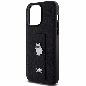Karl Lagerfeld Gripstand Saffiano Choupette Pins viedtālruņa apvalks iPhone 13 Pro Max - melns