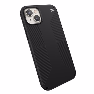 Speck Presidio2 Grip vāciņš ierīcei iPhone 15 Plus / 14 Plus, ar neslīdošu satvērienu, “Black / Black / White” krāsu kombinācija