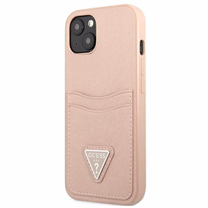 Guess GUHCP13MPSATPP iPhone 13 6.1 viedtālruņa apvalks, rozā, ciets, ar Saffiano trīsstūra logotipu un karšu nodalījumu