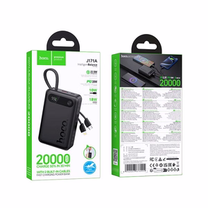 Portatīvais lādētājs Hoco 20000 mAh QC PD 2A 22,5W ar iebūvētiem kabeļiem USB C + Lightning J171A melns