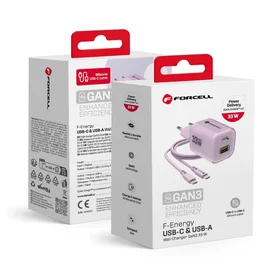 FORCELL F-ENERGY Crystal Color GaN III VT-41 ceļojumu lādētājs ar silikona kabeli ar 1 x Type C + 1x USB A ligzdām, PD QC4.0 33W violets