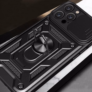 Hybrid Armor Camshield viedtālruņa apvalks iPhone 16 Pro ar kameras vāciņu un statīvu - melns