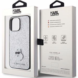 Karl Lagerfeld Fixed Glitter Choupette Logo Metal Pin Viedtālruņa apvalks iPhone 15 Pro Max - sudrabains