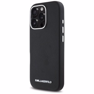 Karl Lagerfeld Saffiano Full Wrapped Elongated Metal Logo MagSafe iPhone 16 Pro Case - Black
