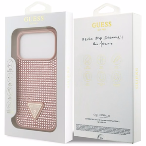 Guess viedtālruņa apvalks iPhone 17 Pro ar krištolisku trikampja logotipu - rozā