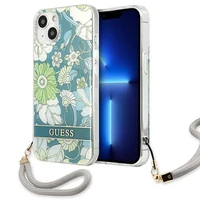 Guess GUHCP13SHFLSN iPhone 13 mini 5.4" zaļš cietais viedtālruņa apvalks ar ziedu siksniņu