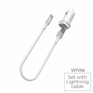 Borofone BZ2 Joyroad automašīnas lādētājs ar 2 USB-A pieslēgvietām, 12 W, ar Lightning kabeli, balts