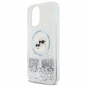 Karl Lagerfeld Liquid Glitter Karl & Choupette Head Magnētiskais iPhone 16 Plus viedtālruņa apvalks - caurspīdīgs