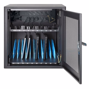 Manhattan Laptop Charging Cabinet Desktop via AC Adapter (EU) 10-bay, Install device's AC Adapter (power cables) into unit, Suitable for ALL laptops (to 16"), iPads, MacBooks, Chromebooks, other portable devices, Bays 380x30x280mm, Cart, Lockable