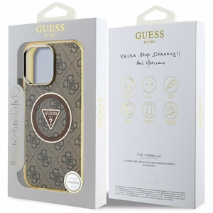 Guess IML Metal Glitter 4G Circle Triangle magnētiskais viedtālruņa apvalks iPhone 16 Pro - brūns