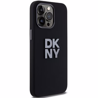 DKNY šķidrā silikona metāla logotipa viedtālruņa apvalks iPhone 15 Pro - melns