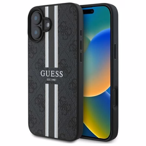 Guess 4G Printed Stripes Magnētiskais viedtālruņa apvalks iPhone 16 - melns