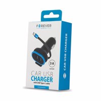 Forever CC-02 auto lādētājs 2x USB 3A melns ar USB-C kabeli 0,2 m