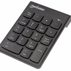 Manhattan Numeric Keypad, Wireless (2.4GHz), USB-A Micro Receiver, 18 Full Size Keys, Black, Membrane Key Switches, Auto Power Management, Range 10m, AAA Battery (included), Windows and Mac, Three Year Warranty