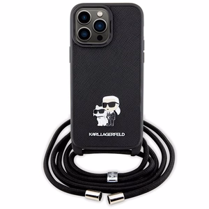 Karl Lagerfeld KLHCP14XSAKCPSK apvalks iPhone 14 Pro Max 6.7" cietais apvalks - melns krustenisks Saffiano metāla piespraude Karl&Choupette