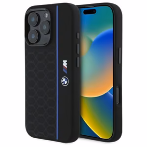 BMW Silikona Hexagon Blue Line Magnētiskais viedtālruņa apvalks iPhone 16 Pro Max - melns