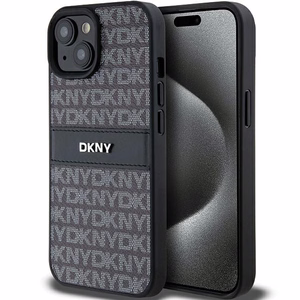 DKNY Ādas mono svītra un metāla logotips viedtālruņa apvalks iPhone 15/14/13 - melns