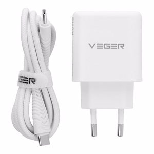 Tālruņa lādētājs VEGER USB A + C tips PD QC3.0 3,25 A 65 W + kabelis USB C uz USB C TR67, balts