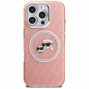 Karl Lagerfeld IML Glitter Karl & Choupette Heads Logo MagSafe maciņš iPhone 16 Pro - rozā