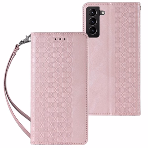 Magnētiskais apvalks Samsung Galaxy S22+ (S22 Plus) ar siksniņu, maku un mazā piekariņa - rozā