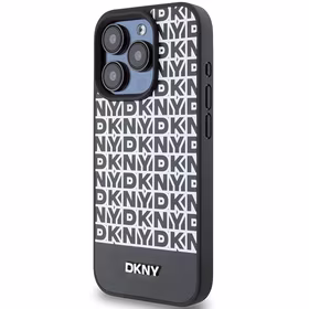 DKNY Ādas drukāts raksts metāla logotips Magnētiskais viedtālruņa apvalks iPhone 15 Pro - melna